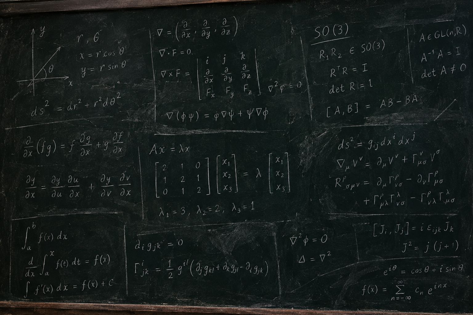 Vector calculus, linear algebra, and differential geometry formulas on a chalkboard